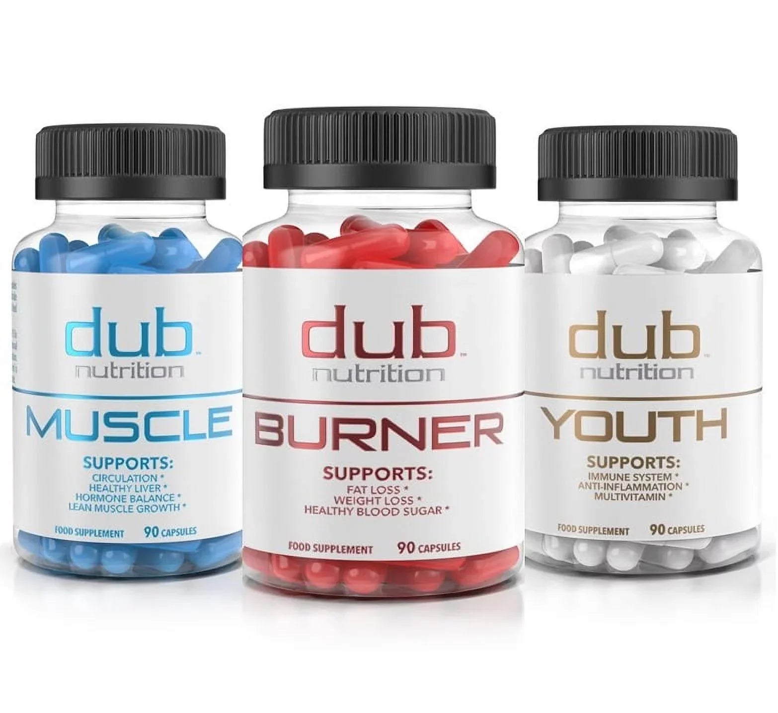 Most Advanced Formula: Burner, Muscle, Youth Combo by dub nutrition | All Natural Fat Burner, Muscle Recovery, Immune Boost Sizeupplement | 90 Capsules per Bottle