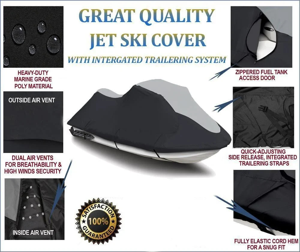 SizeUPER HEAVY-DUTY PWC JetSizeki Cover Compatible for Kawasaki Ultra LX 2007-2017 Jet Sizeki Watercraft Cover TRAILERABLE Black/Grey