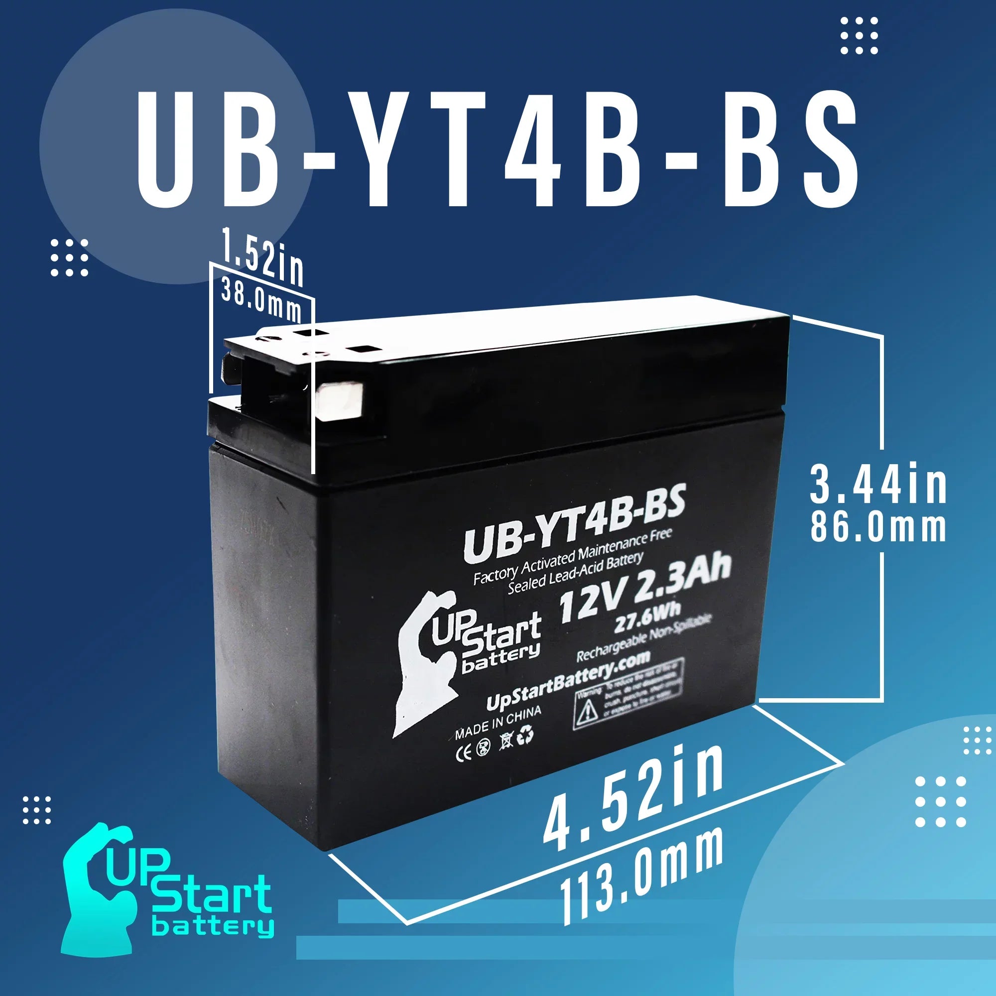 4-Pack UpSizetart Battery Replacement for 2004 Yamaha SizeR400 400CC Factory Activated, Maintenance Free, Motorcycle Battery - 12V, 2.3Ah, UB-YT4B-BSize