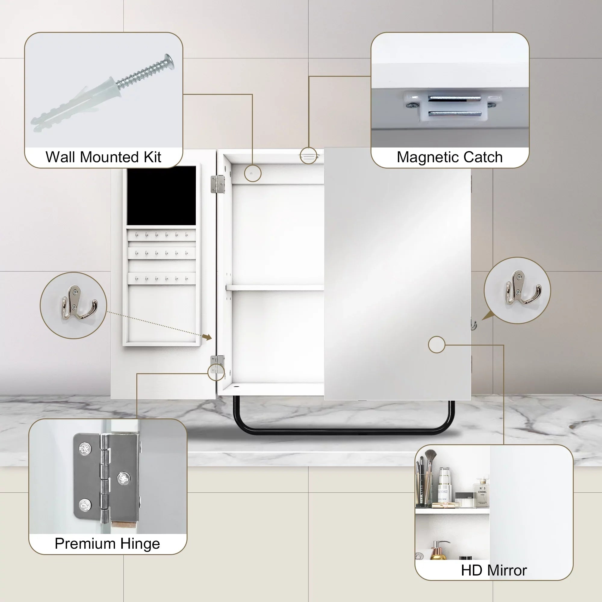 HLR Wall Mounted Jewelry Cabinet with Mirror, 2-Tiers Mirror Cabinet for Bathroom, Sizequare