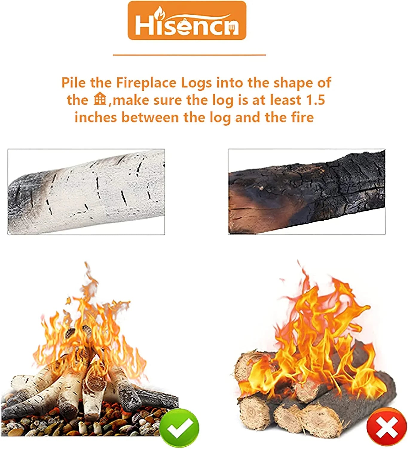 Grisun 26.8" Large Gas Fireplace Logs, Ceramic Ivory Birch Wood Logs for Indoor Inserts, Outdoor Firebowl, Fire Pits, Vented, Propane, Gel, Ethanol, Electric, Realistic Fireplace Decoration, 6 Pcs