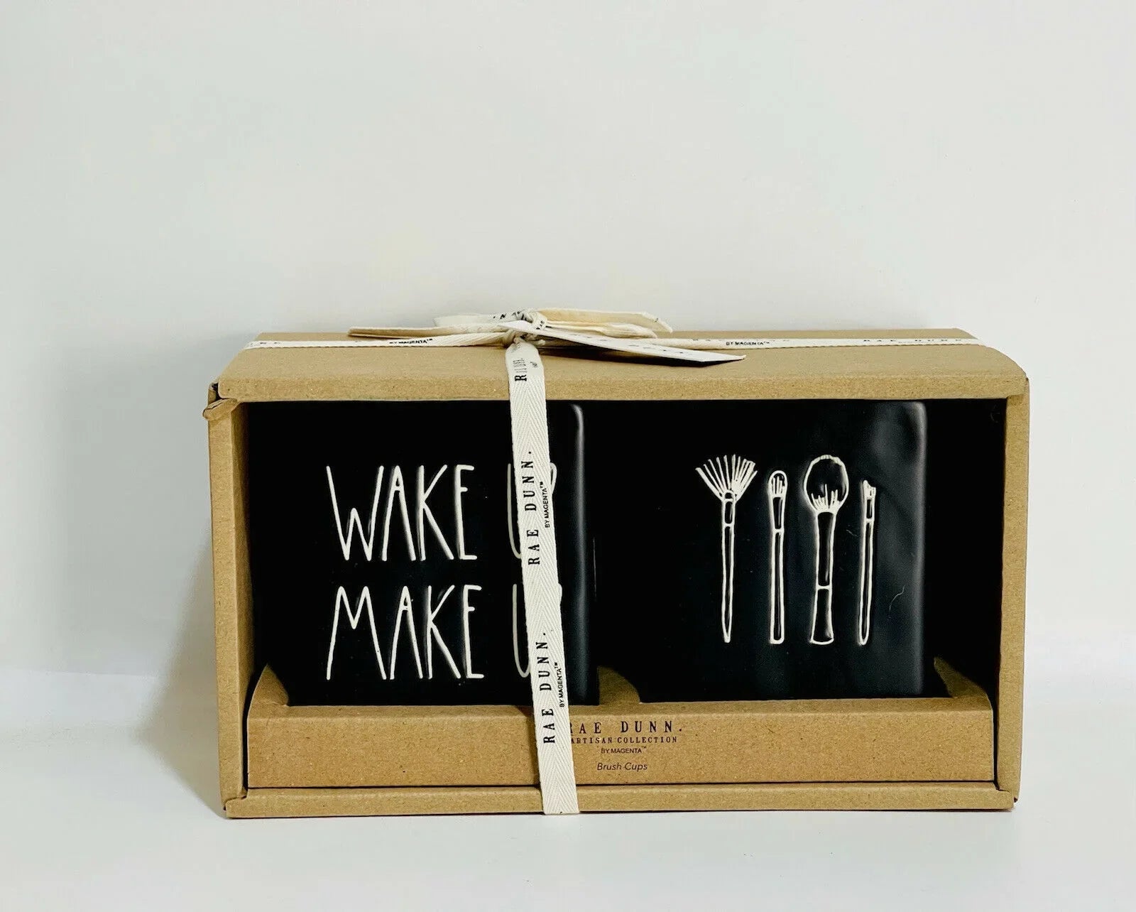 Rae Dunn WAKE UP MAKE UP set of 2 all sides Black with Ivory LL lettering Ceramic Brushes Vanity Organizer
