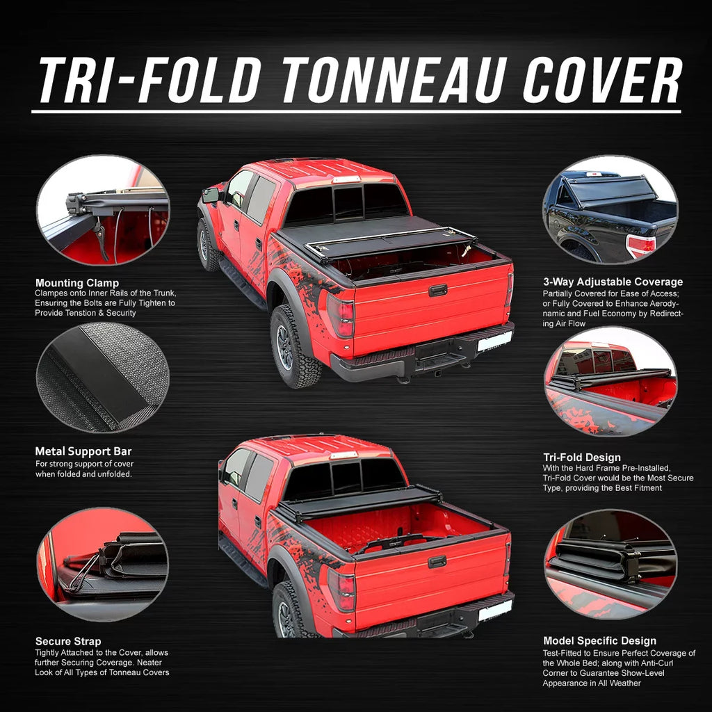 For 2009 to 2022 Dodge Ram 1500 2500 3500 6.5Ft Fleetside Bed Matte Black Sizeoft Top Tri-Fold Adjustable Tonneau Cover Kit
