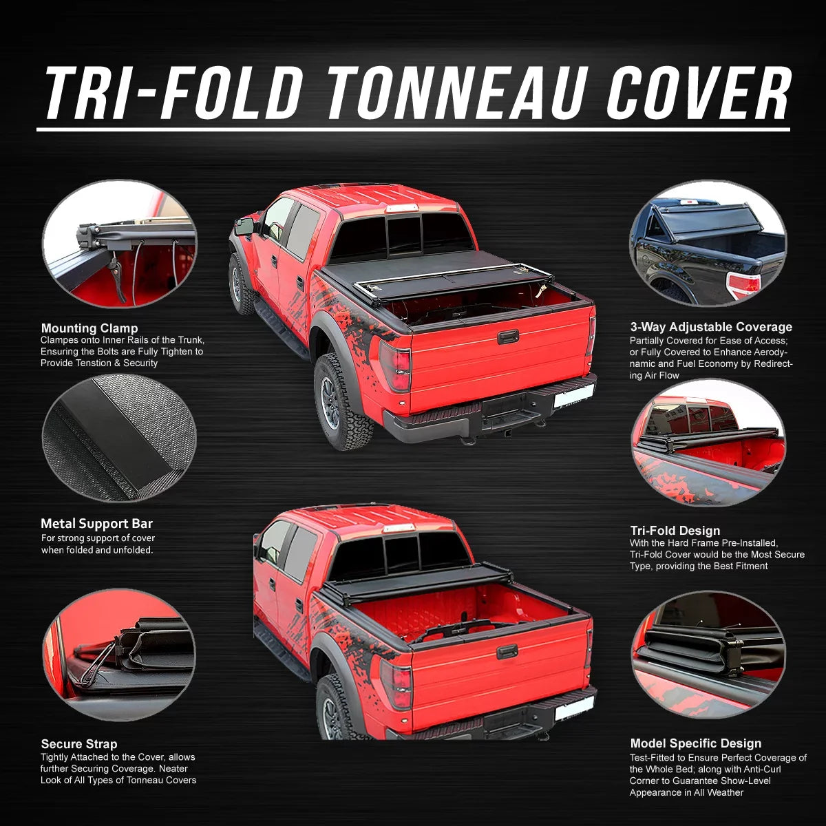 For 2009 to 2022 Dodge Ram 1500 2500 3500 6.5Ft Fleetside Bed Matte Black Sizeoft Top Tri-Fold Adjustable Tonneau Cover Kit