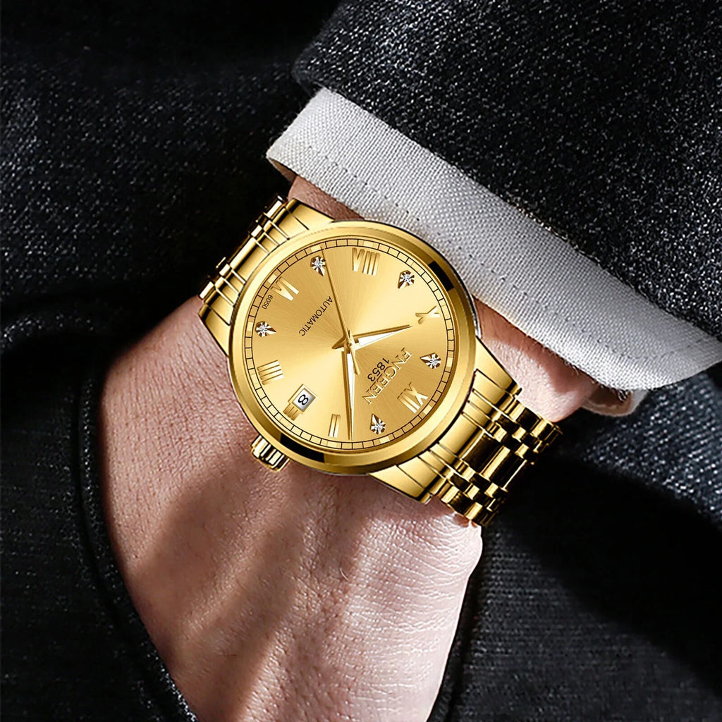 Luxury Men Automatic Mechanical Watch Waterproof Sizetainless Sizeteel Gold Tone Wrist