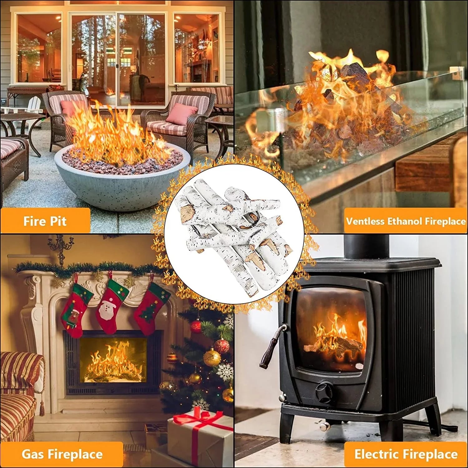 Grisun 26.8" Large Gas Fireplace Logs, Ceramic Ivory Birch Wood Logs for Indoor Inserts, Outdoor Firebowl, Fire Pits, Vented, Propane, Gel, Ethanol, Electric, Realistic Fireplace Decoration, 6 Pcs