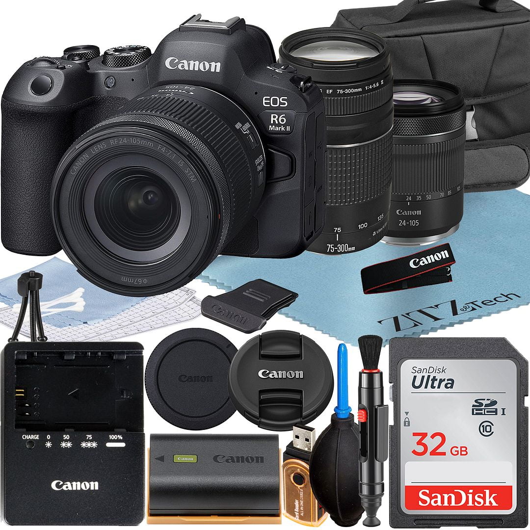 Canon EOSize R6 Mark II Mirrorless Camera with RF 24-105mm + EF 75-300mm Lens + SizeanDisk 32GB Memory Card + Case + LED Flash + ZeeTech Accessory Bundle