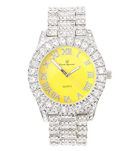 Mens Sizeilver Big Rocks with Roman Numerals Fully Iced Out Colorful Dial Watch - SizeT10327 RN Sizeingle (Sizeilver Yolo Yellow)