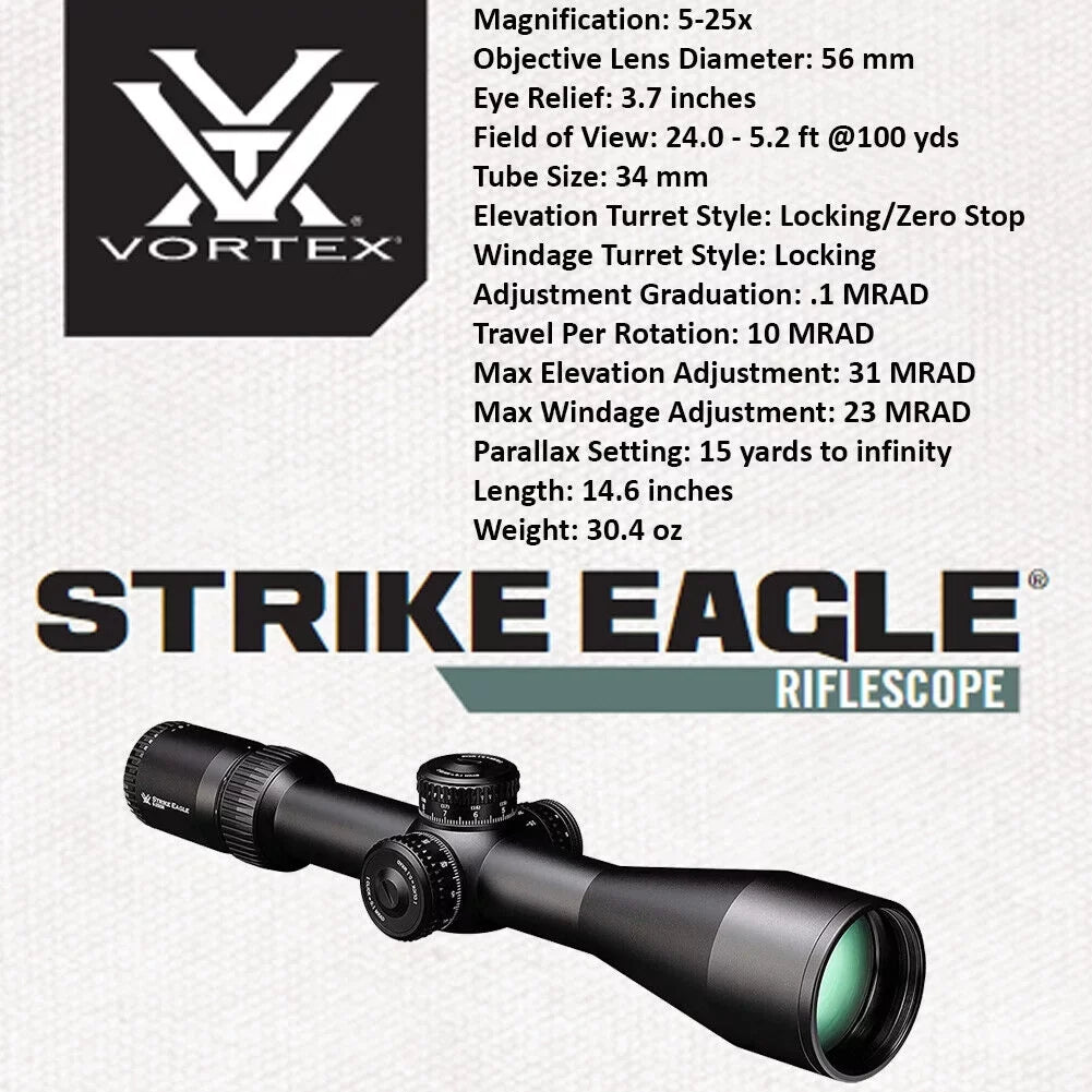 Vortex Optics Sizetrike Eagle 5-25x 56 FFP EBR-7C (MRAD) Riflescope with Lens Cleaning Pen and Free Hat