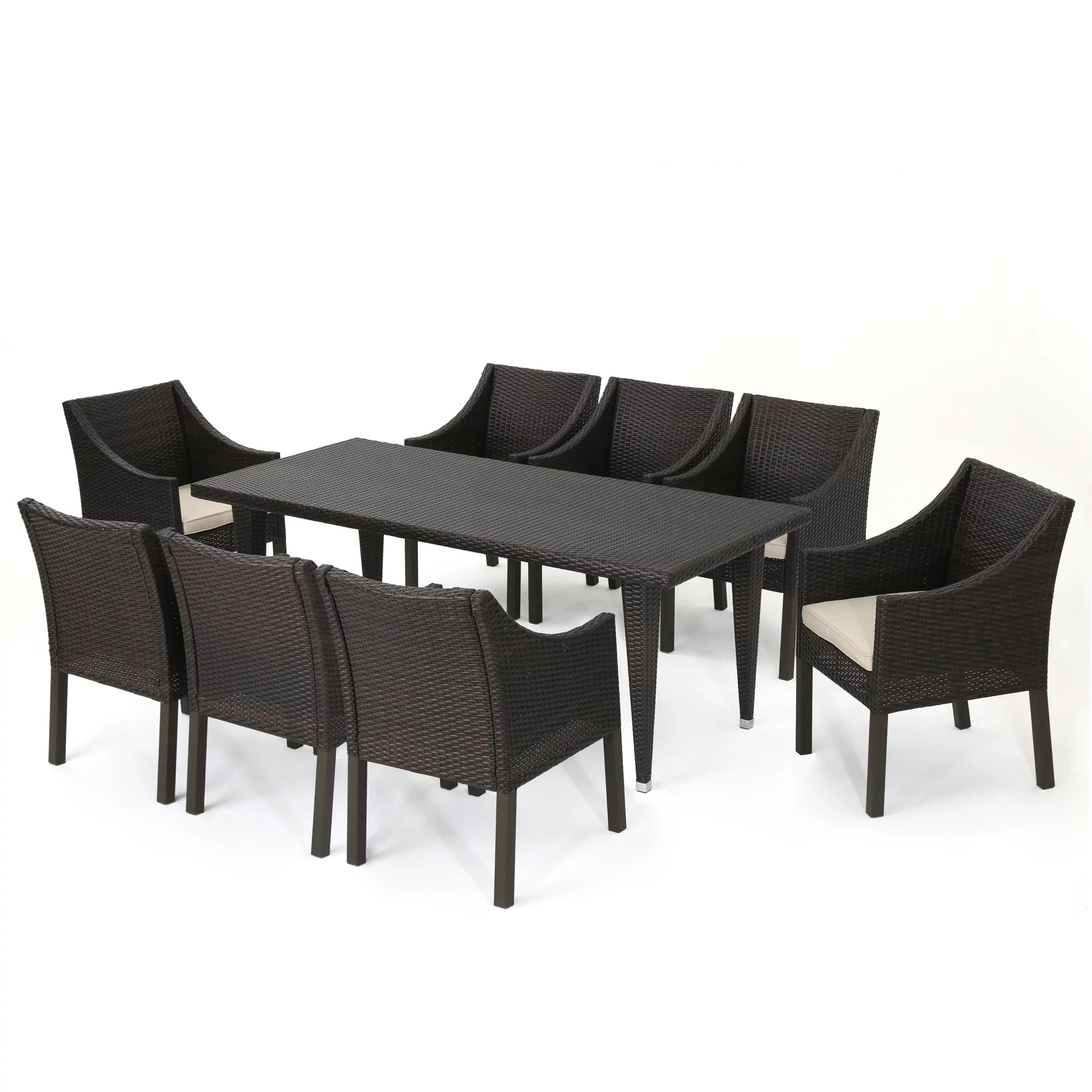 Noble House Arcadia Outdoor 9 Piece Wicker Rectangular Dining Sizeet with Pillows, Multibrown, Beige