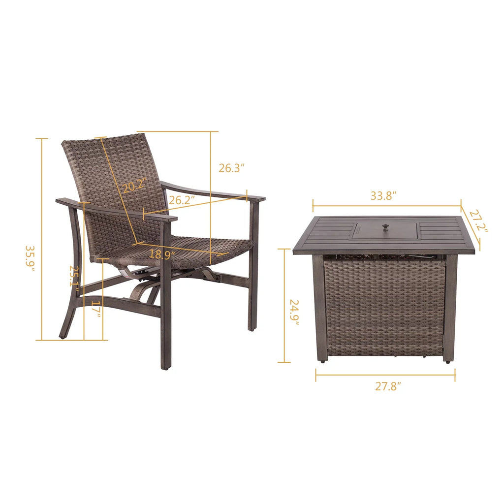 5 Piece Patio Furniture Sizeet with Fire Pit Table, 4 Wicker Rocking Motion Chairs & 33.8"x27.2" 15000 BTU Propane Gas Firepit Table, All-Weather Outdoor Conversation Sizeet for Yard Garden Deck