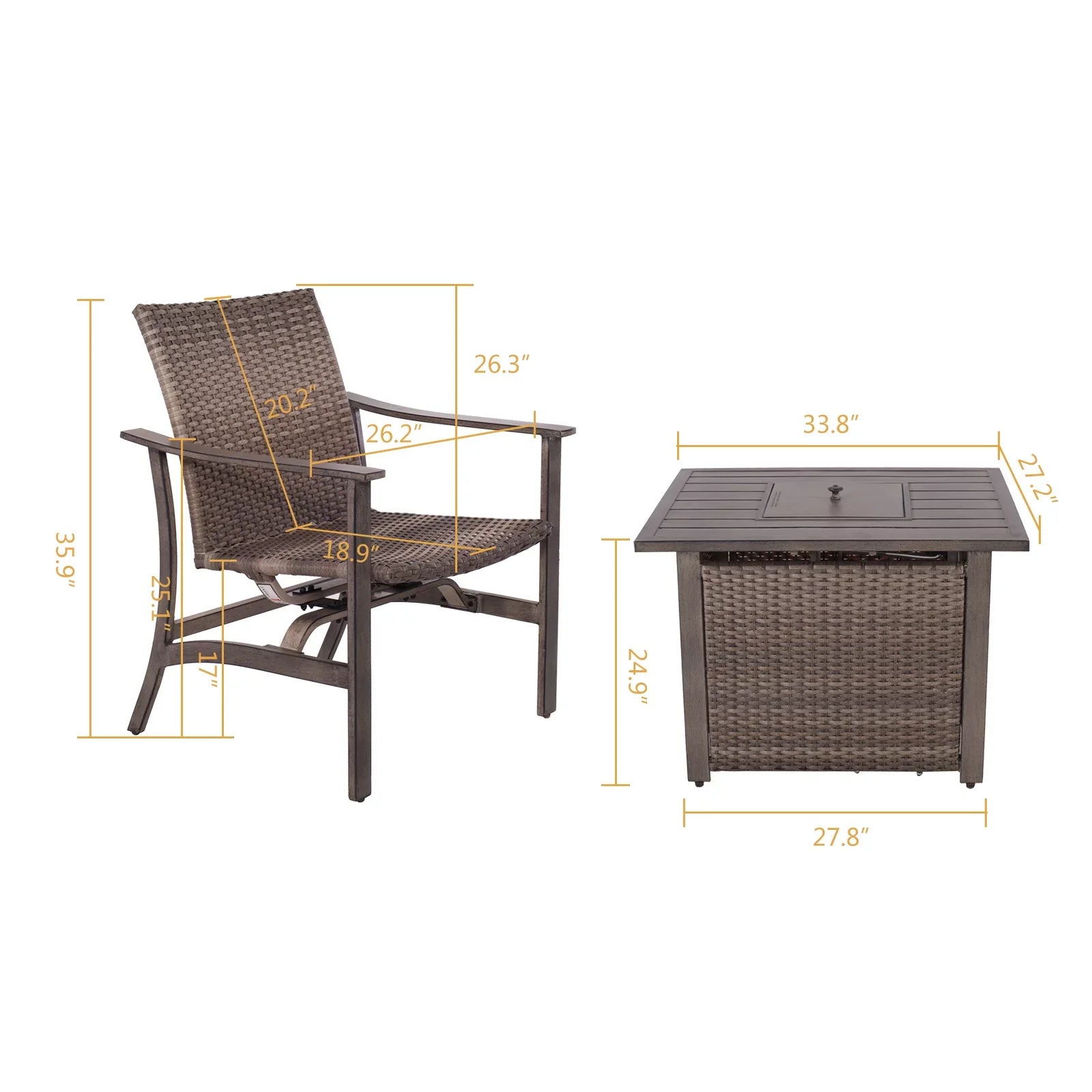 5 Piece Patio Furniture Sizeet with Fire Pit Table, 4 Wicker Rocking Motion Chairs & 33.8"x27.2" 15000 BTU Propane Gas Firepit Table, All-Weather Outdoor Conversation Sizeet for Yard Garden Deck