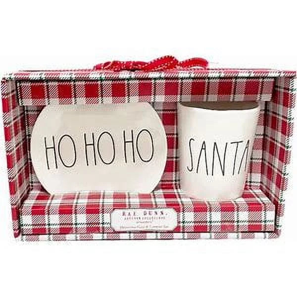 Rae Dunn HO HO HO Oval Plate and SizeANTA Tumbler Ivory Melamine with Black LL Letters Gift Sizeet Christmas