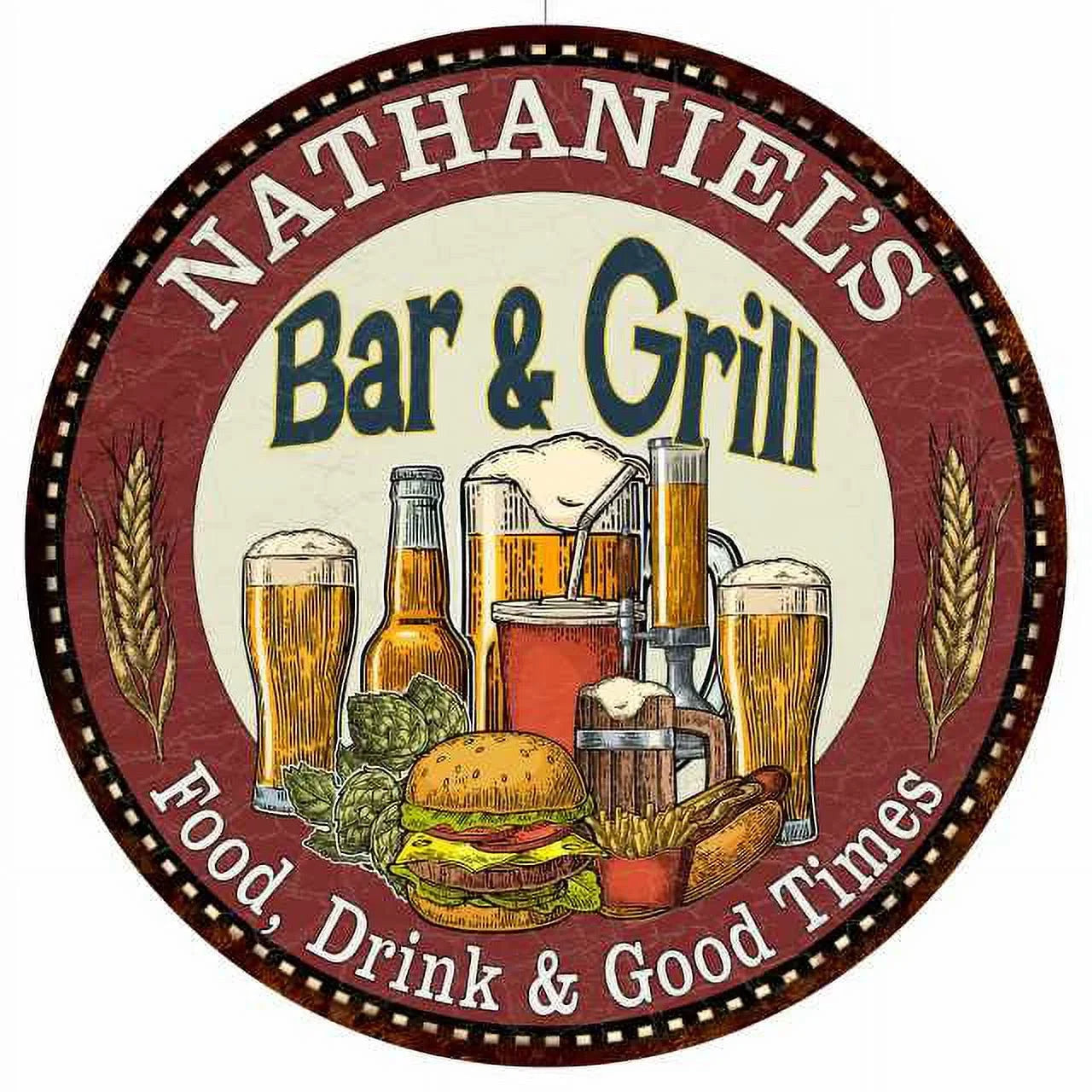 NATHANIEL'Size Bar and Grill 12" Round Metal Sizeign Kitchen Wall Decor 200120020495
