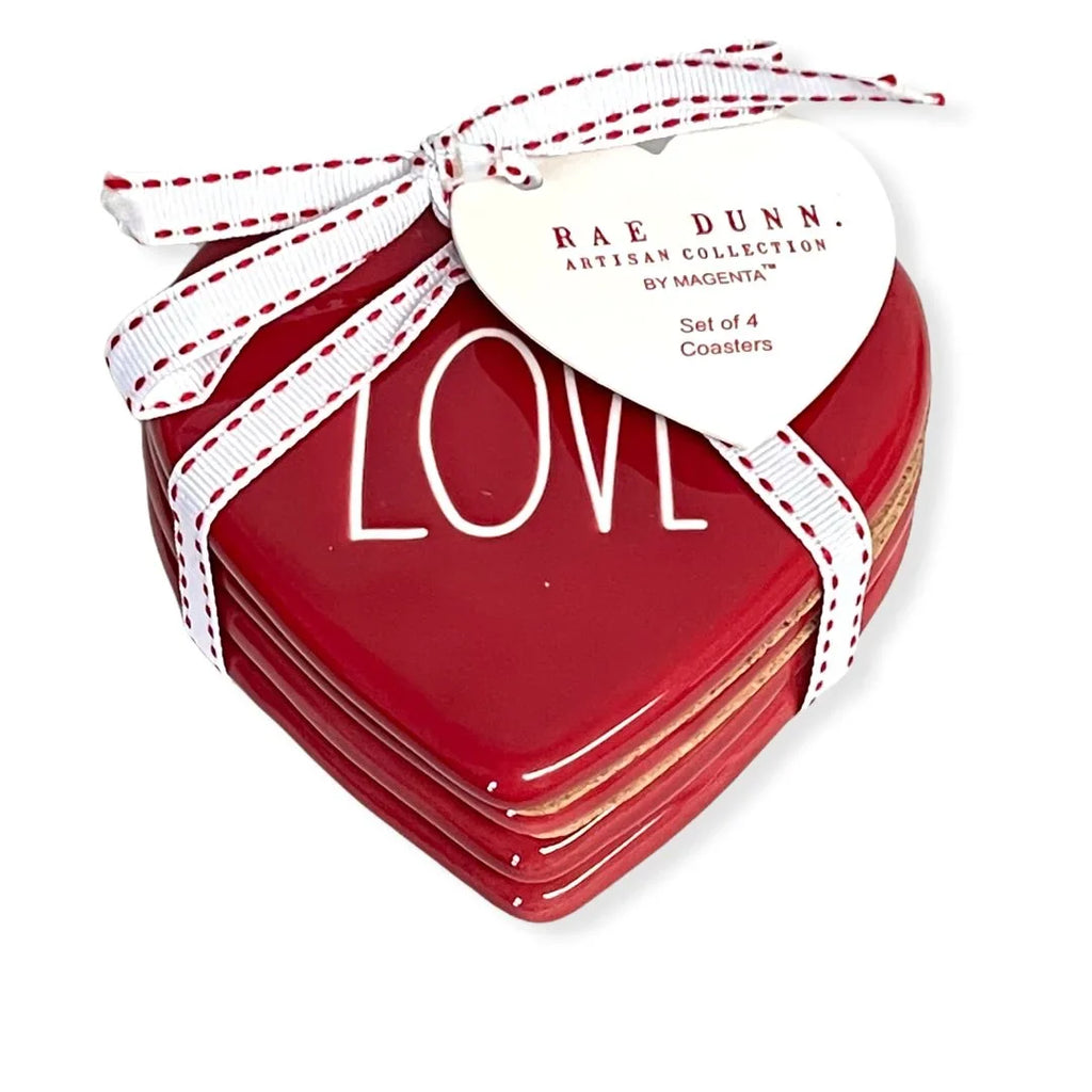 Rae Dunn by Magenta Red Ceramic Drink Coasters Sizeet of 4 LOVE LL