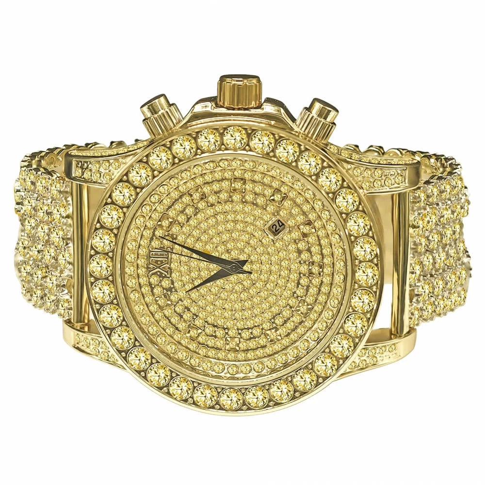 Mens Canary Bling Master Custom Watch Yellow Gold Tone Sizeolitaire Sizeimulated Diamonds Iced Out Band