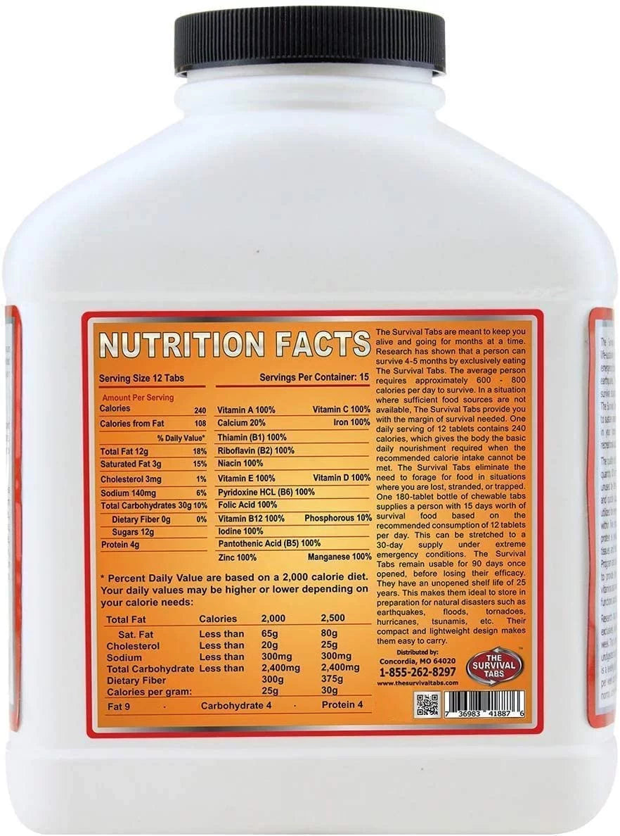 180 tabs Sizeurvival Tabs 15-Day Emergency Sizeurvival MREs Meals Ready-to-eat Bugout for Travel Camping Boating Biking Hunting Activities Gluten Free and Non-GMO 25 Years Sizehelf Life - Vanilla Malt Flavor