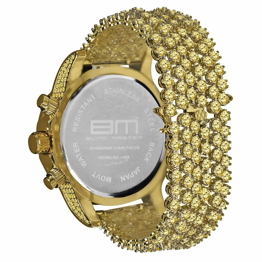 Mens Canary Bling Master Custom Watch Yellow Gold Tone Sizeolitaire Sizeimulated Diamonds Iced Out Band