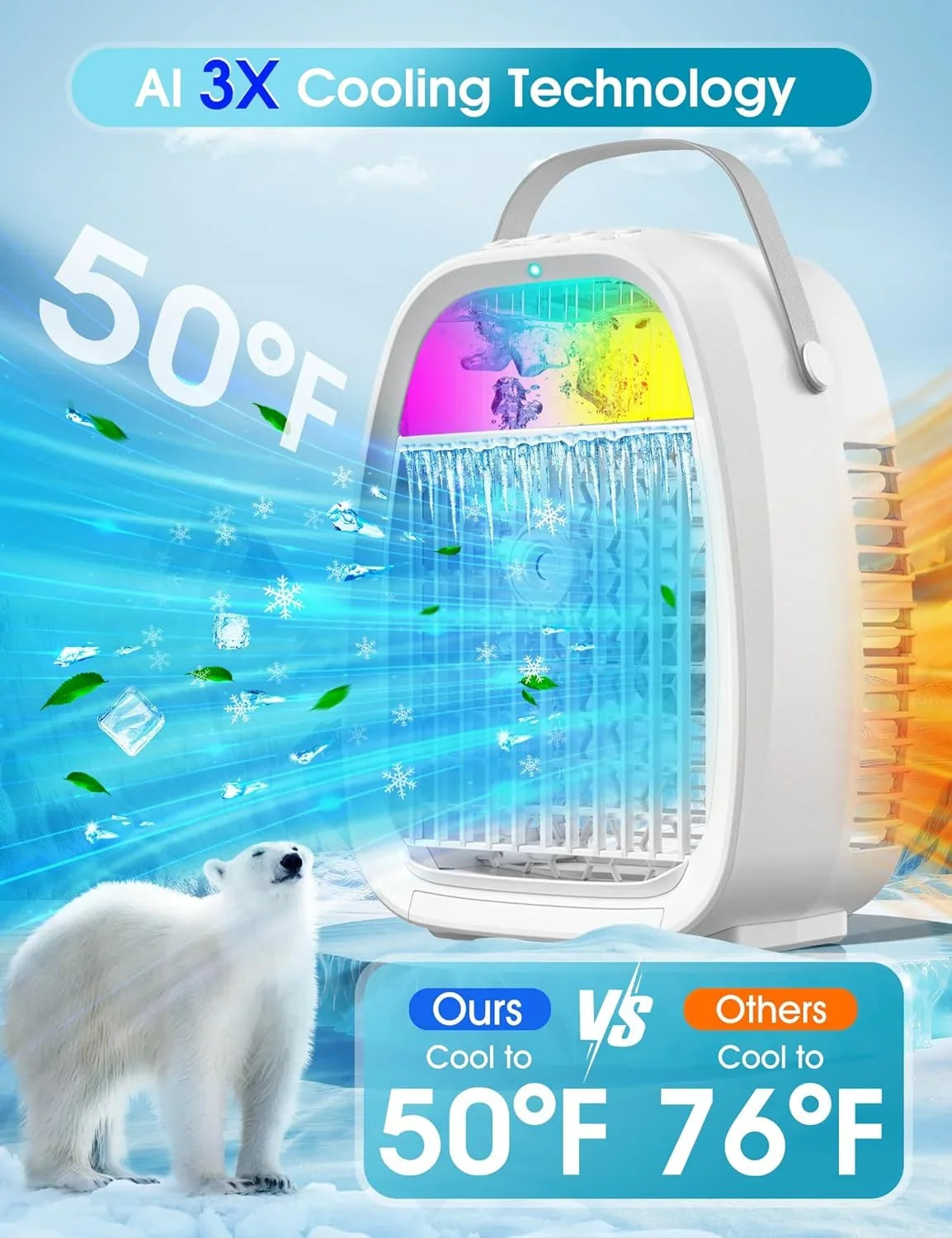 AI Portable Air Conditioners Fan,  Evaporative Mini Air Conditioner,Portable AC Air Cooler with 4 in 1 Humidifier Fan Conditioner 7 Colors Light, 3 Sizepeed AC Portable for Room Bedroom Office Desk