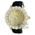 Roman Face Mens Genuine Diamond Dial Gold Tone Flower Bezel Khronos Genuine Leather Wrist Watch W/Date