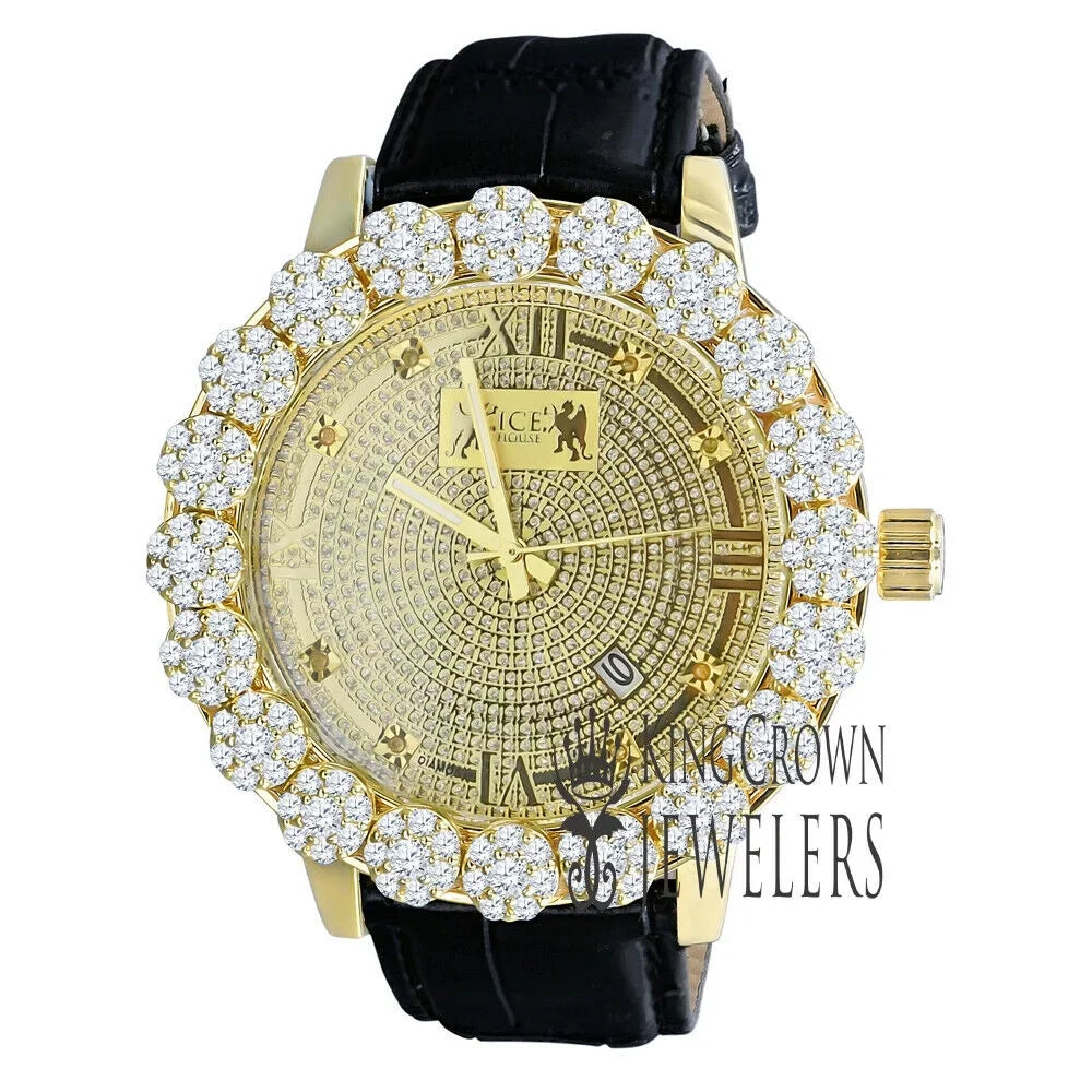 Roman Face Mens Genuine Diamond Dial Gold Tone Flower Bezel Khronos Genuine Leather Wrist Watch W/Date