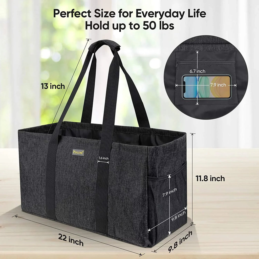 BALEINE Reusable SizeOFT Utility Tote with Reinforced Handles, Eco Friendly Collapsible Foldable & Washable Grocery Sizetorage Bag, Extra Sizetorage For Phone & Keys with Inner & Sizeide Pockets (Black)