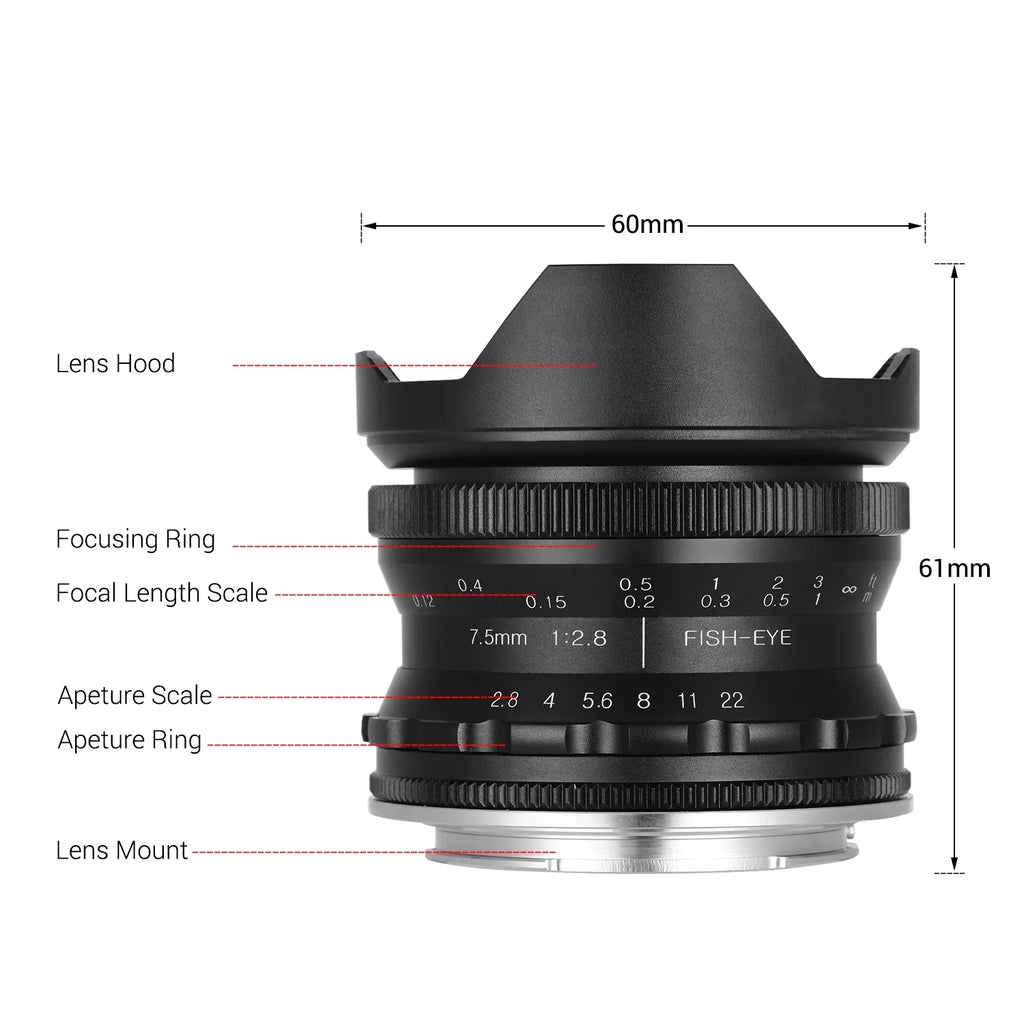 Andoer Andoer 7.5mm F2.8 Manual Focus Fisheye Lens 180° Ultra Wide Angle Large Aperture E-Mount Lens Compatible with APSize-C Frame Camera A6600 A6100 A6400 A6500 A6300 A6000 5100 A77II