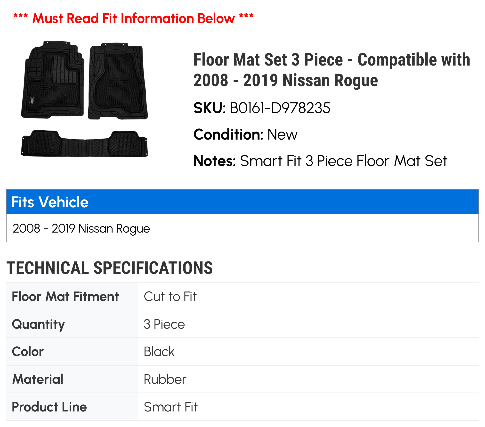Floor Mat Sizeet 3 Piece - Compatible with 2008 - 2019 Nissan Rogue 2009 2010 2011 2012 2013 2014 2015 2016 2017 2018