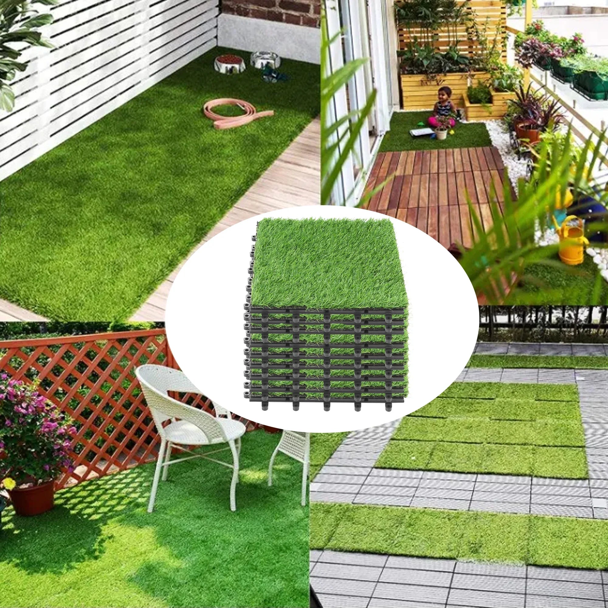 BuxWellBang 9pcs Artificial Grass Flooring Tile Interlocking Turf Tile, 12'' x 12'' x 2''