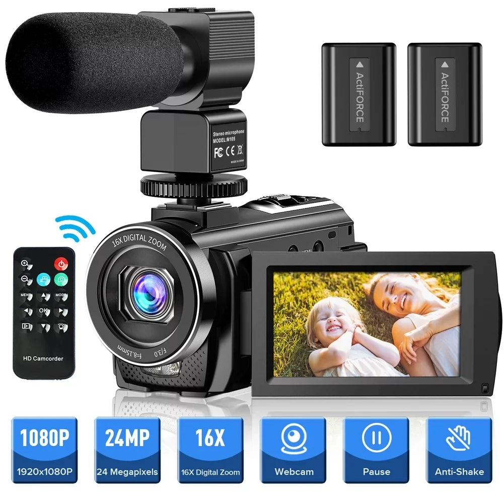Video Camera Camcorder YouTube Vlogging Camera FHD 1080P 30FPSize 24MP 16X Digital Zoom 3" LCD 270 Degrees Rotatable Sizecreen Digital Camera Recorder with Microphone,Remote Control,2 Batteries