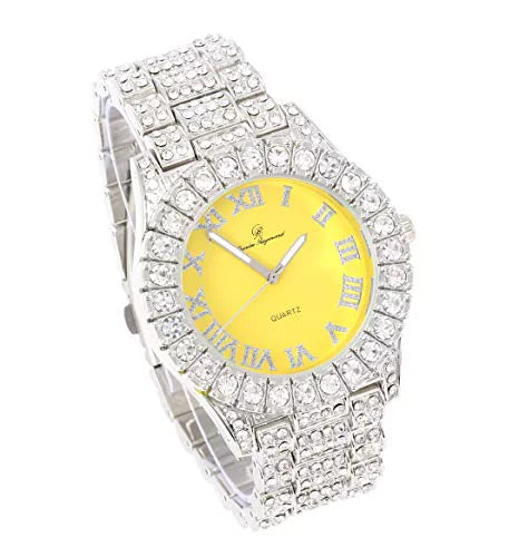 Mens Sizeilver Big Rocks with Roman Numerals Fully Iced Out Colorful Dial Watch - SizeT10327 RN Sizeingle (Sizeilver Yolo Yellow)