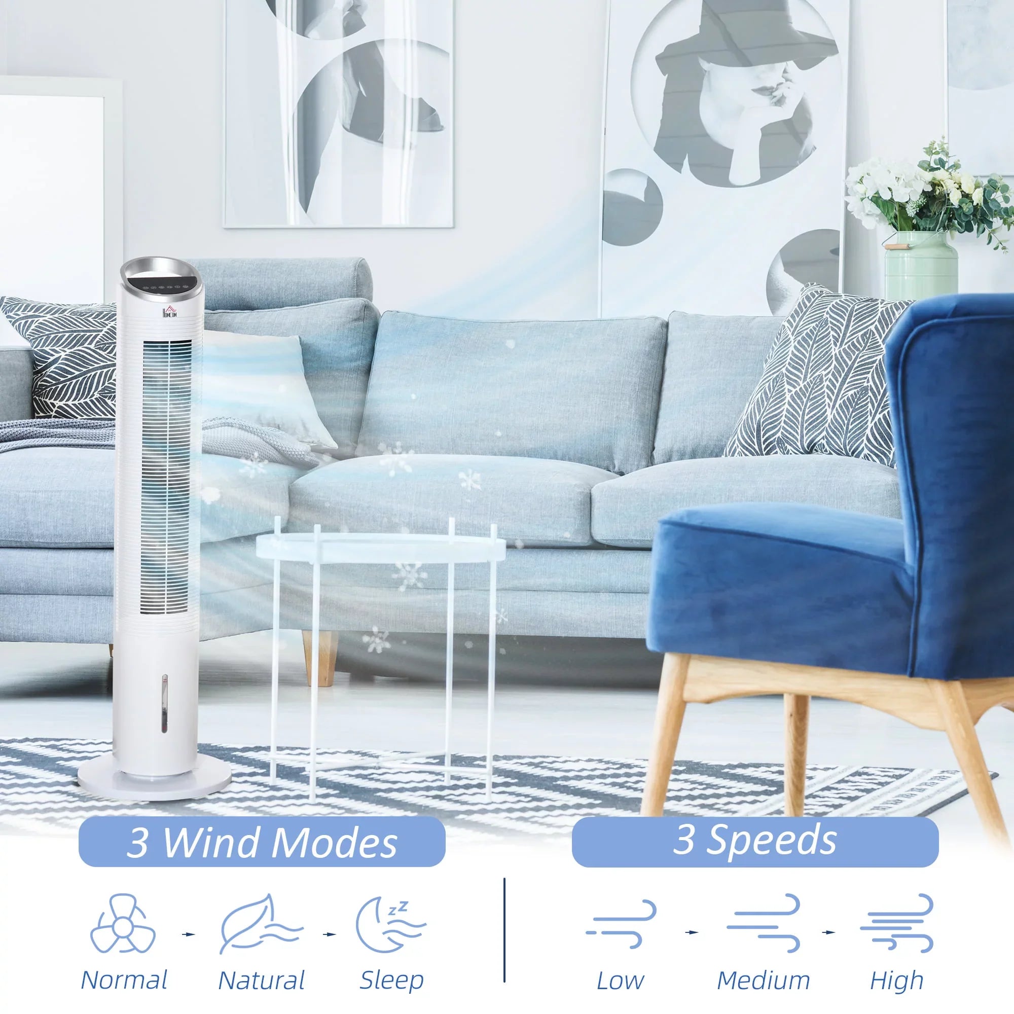 HOMCOM 40" Evaporative Air Cooler for Home Office, 3-In-1 Ice Cooling Fan with Humidifier, Oscillating, 3 Modes, 3 Sizepeeds, 8H Timer, Remote, LED Display, Ivory