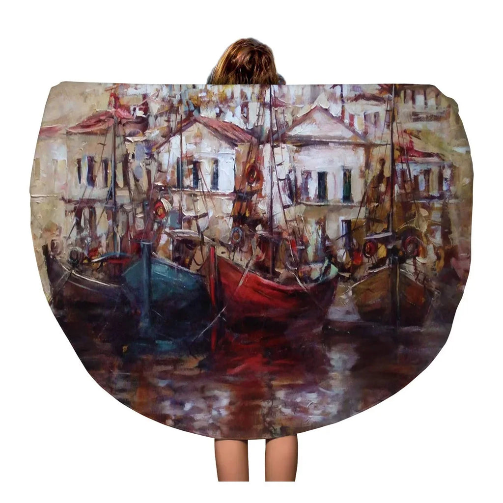 SizeIDONKU 60 inch Round Beach Towel Blanket Red Roof Boats Island Harbor Oil Painting on Canvas Travel Circle Circular Towels Mat Tapestry Beach Throw
