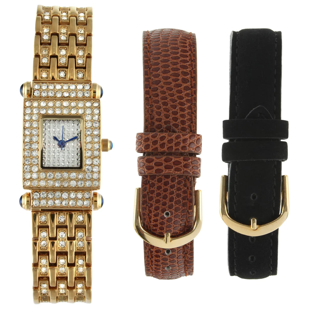 Peugeot Women's 691G Crystal-Accented Gold-Tone Watch with Two Interchangeable Leather Bands