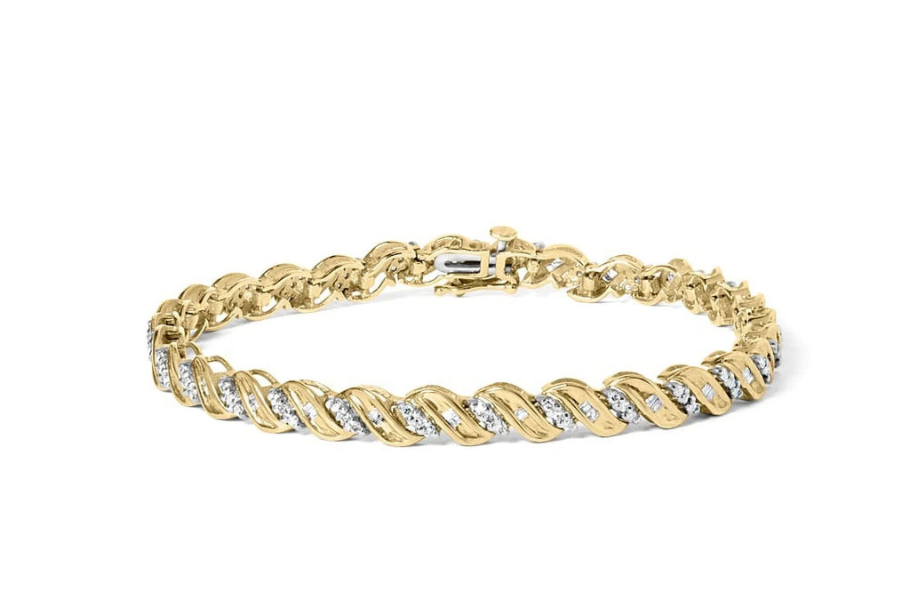 Haus of Brilliance 10k Yellow Gold 1.00 Cttw Womens Round Cut and Baguette Cut Diamond Size-Link 7.25" Box Clasp Prong Bracelet (I-J Color, I2-I3 Clarity)