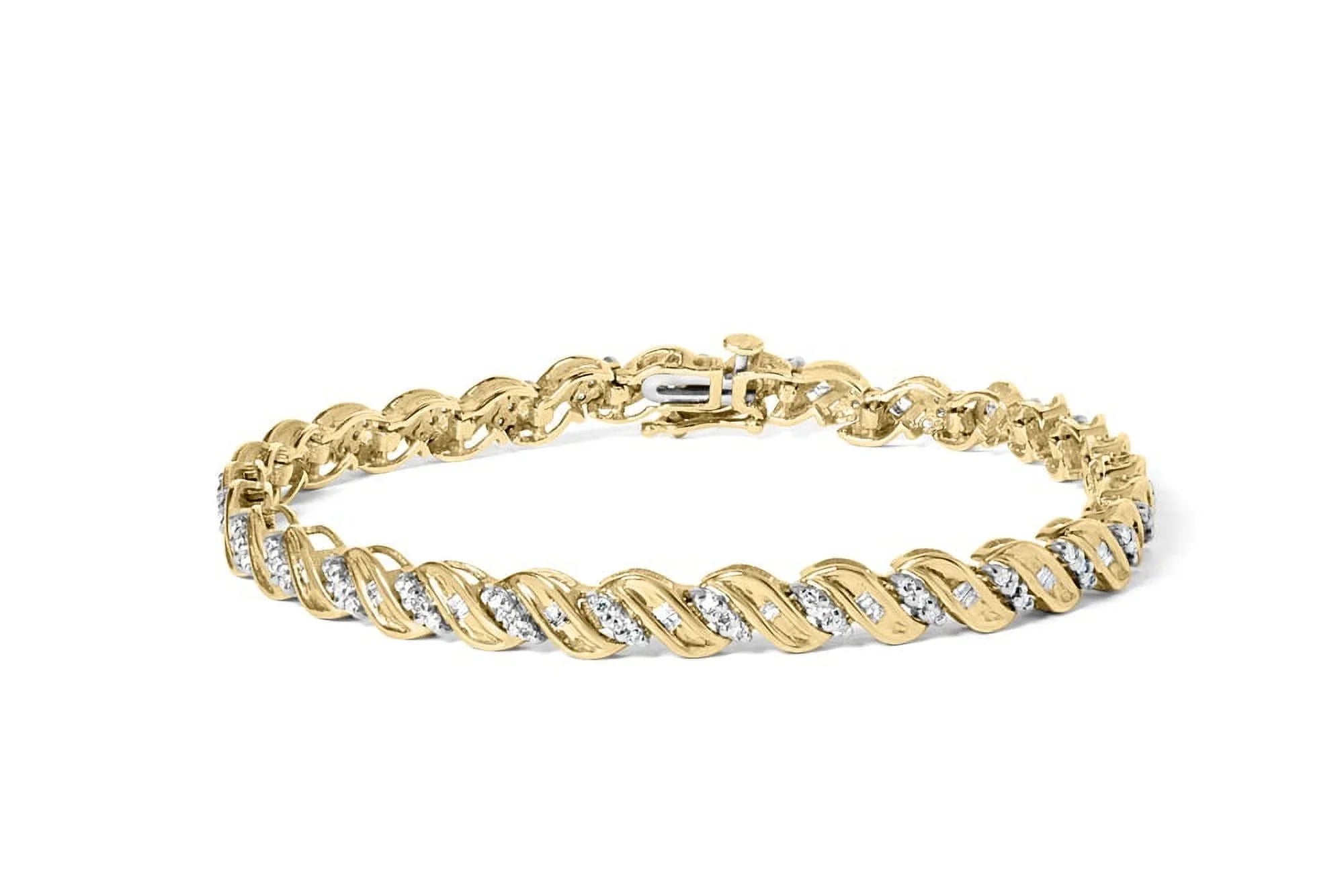 Haus of Brilliance 10k Yellow Gold 1.00 Cttw Womens Round Cut and Baguette Cut Diamond Size-Link 7.25" Box Clasp Prong Bracelet (I-J Color, I2-I3 Clarity)