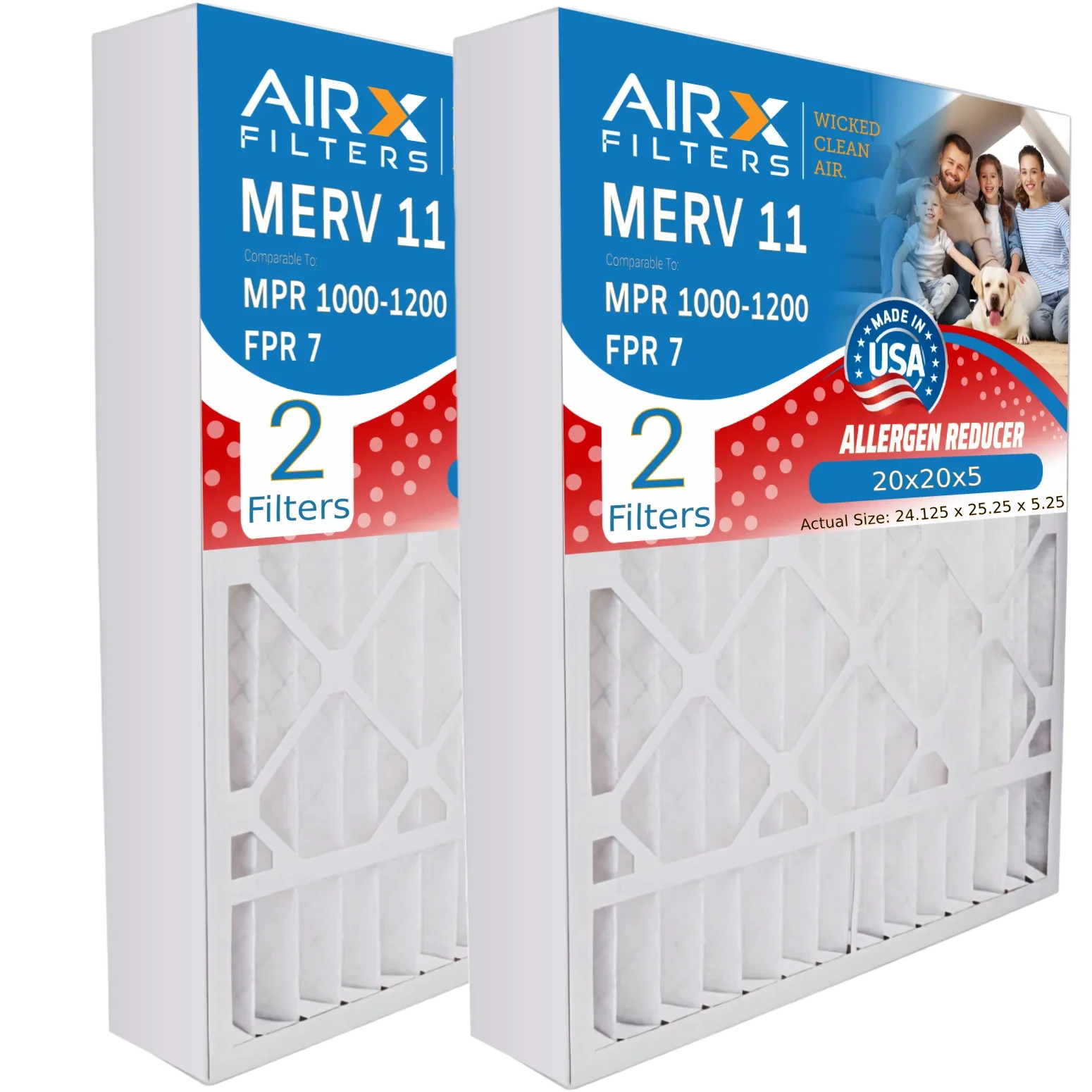 20x20x5 Air Filter MERV 11 Comparable to MPR 1000, MPR 1200 & FPR 7 Compatible with Goodman / Amana M2-1056 Premium USizeA Made 20x20x5 Furnace Filter 2 Pack by AIRX FILTERSize WICKED CLEAN AIR.
