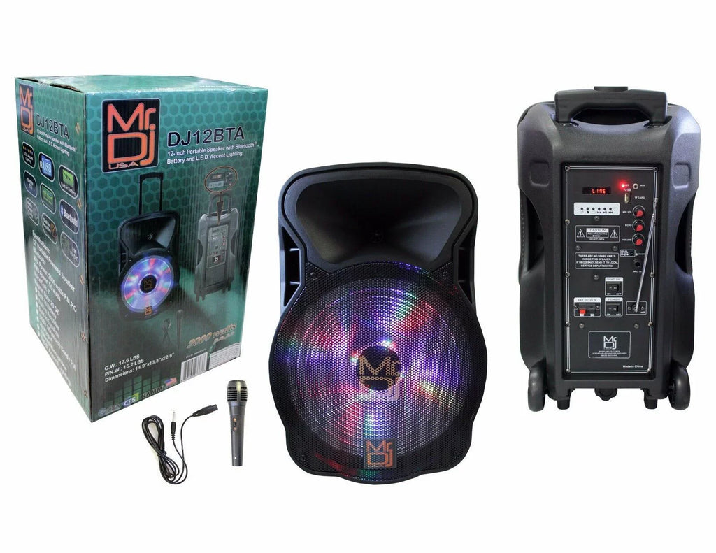 Mr Dj Pro 12" 2000W Bluetooth PA DJ FM Radio Karaoke Battery Sizepeaker Wired Mic