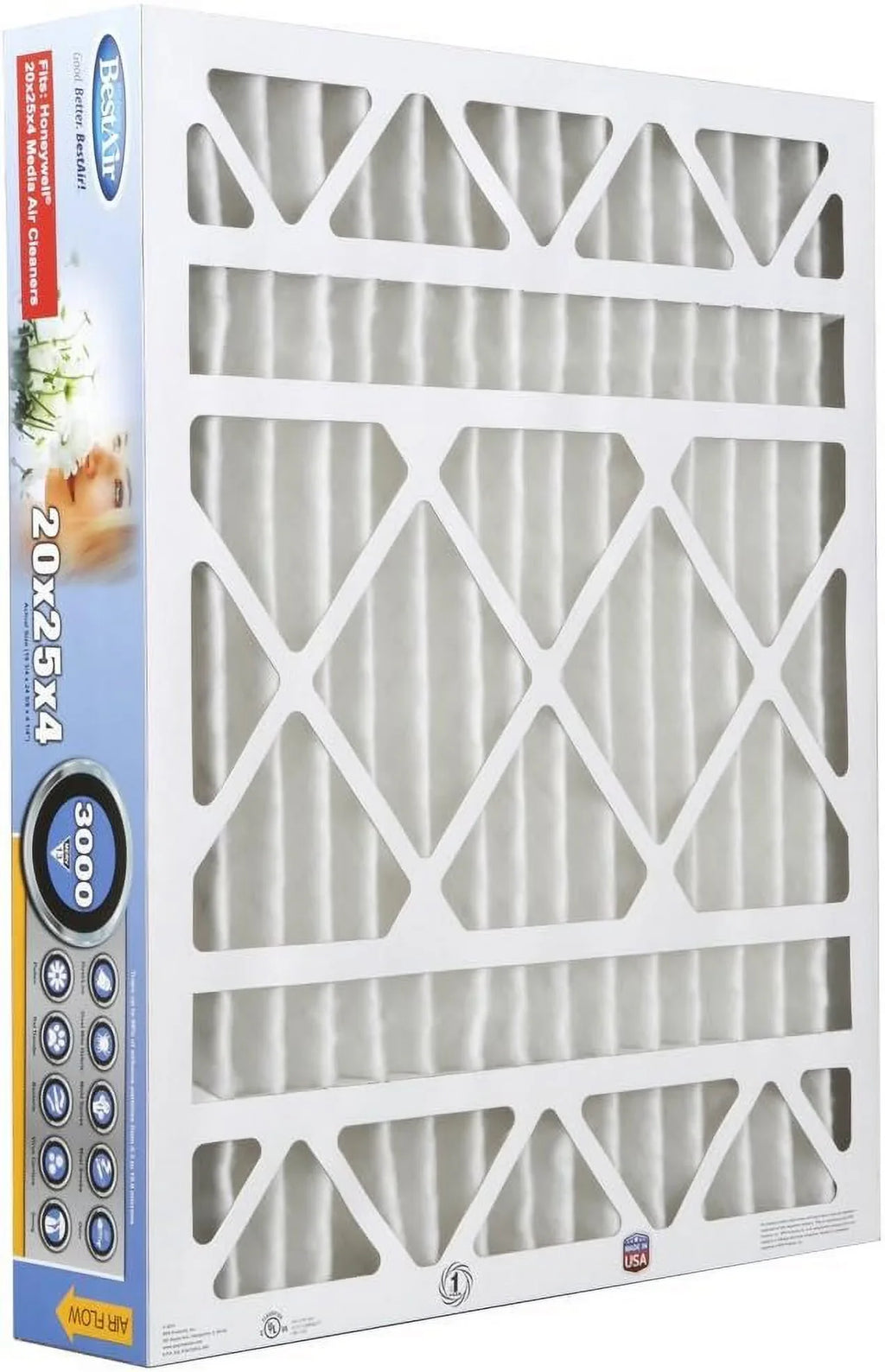 BestAir HW2025-13R AC Furnace Air Filter, 20" x 25" x 4", MERV 13, Removes Allergens & Contaminants, Fits 100%, For Honeywell Models, Pack of 3