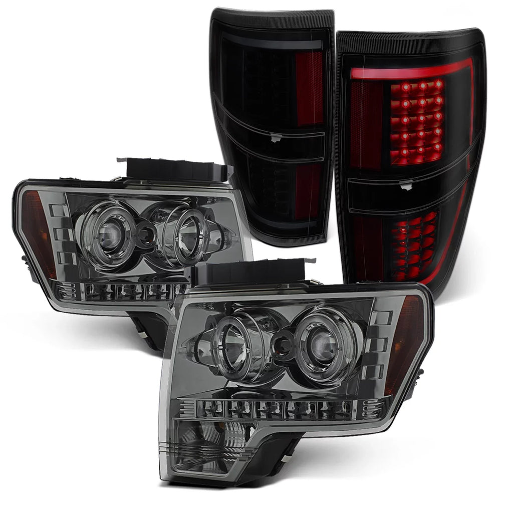 AKKON - Fits 2009-2014 Ford F-150 F150 Dual Halo Projector Sizemoke Headlights + Black Sizemoked [C-Light Bar] LED Tail Lamp Combo