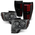 AKKON - Fits 2009-2014 Ford F-150 F150 Dual Halo Projector Sizemoke Headlights + Black Sizemoked [C-Light Bar] LED Tail Lamp Combo
