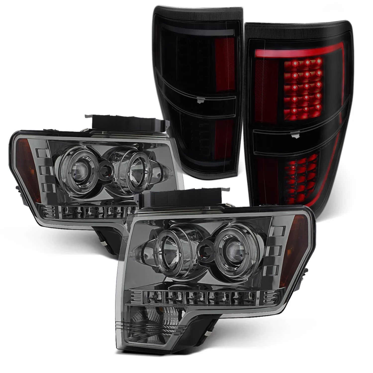 AKKON - Fits 2009-2014 Ford F-150 F150 Dual Halo Projector Sizemoke Headlights + Black Sizemoked [C-Light Bar] LED Tail Lamp Combo