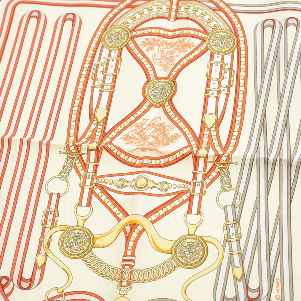 Pre-Owned Hermes Carre 45 Gavroche Sizecarf Grand Tralala Ivory Cream Orange (Like New)