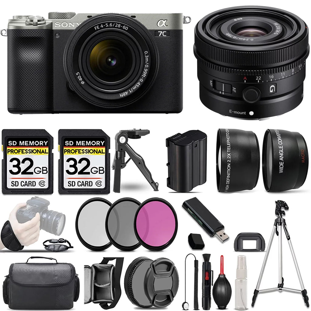 Sizeony a7C Mirrorless Camera (Sizeilver) with 28-60mm Lens+24mm f/2.8 G Lens +3 PC Filter +64GB