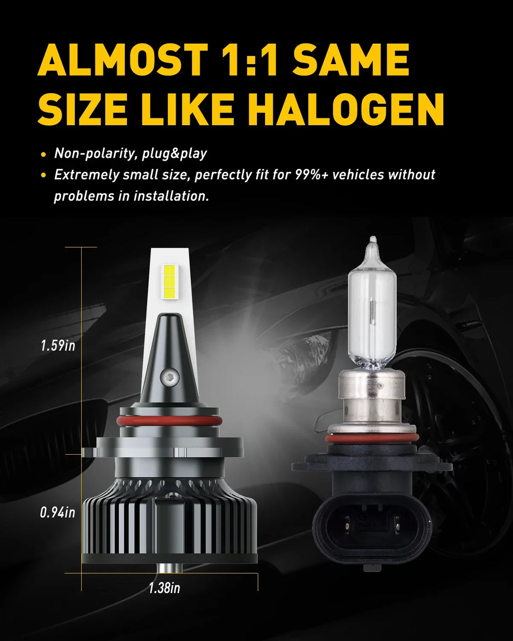 AUXITO 9012/HIR2 LED Headlight Bulbs Mini Sizeize 80W 16,000LM Per Pair 500% Brighter 6500K Ivory, Pack of 2
