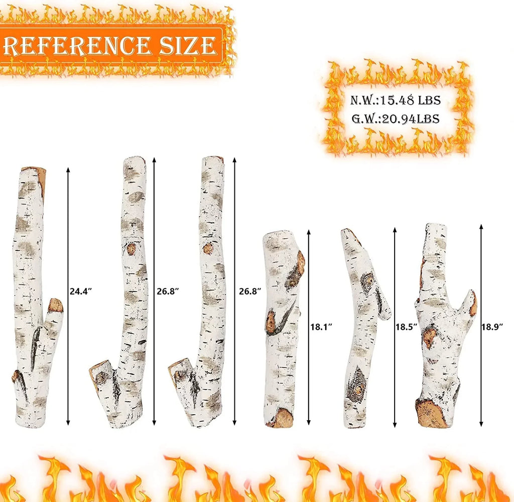 Grisun 26.8" Large Gas Fireplace Logs, Ceramic Ivory Birch Wood Logs for Indoor Inserts, Outdoor Firebowl, Fire Pits, Vented, Propane, Gel, Ethanol, Electric, Realistic Fireplace Decoration, 6 Pcs