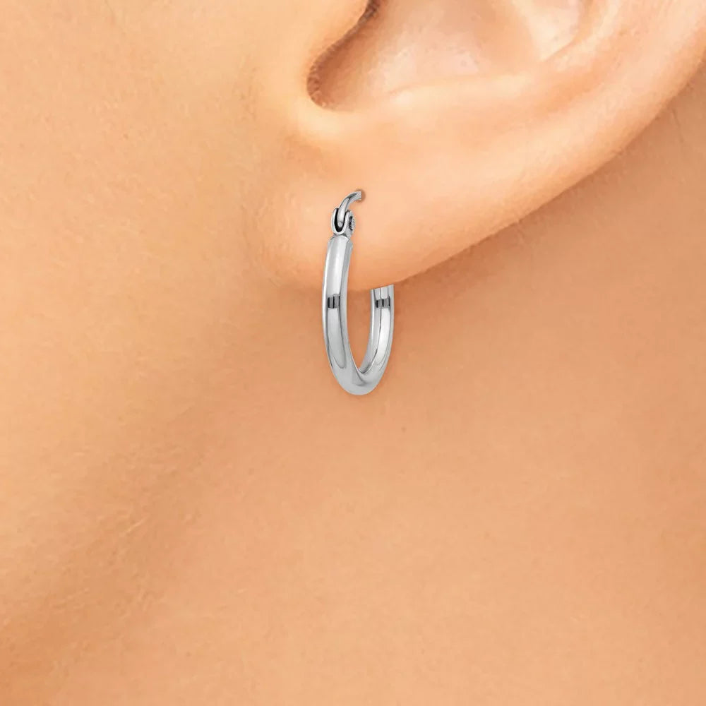 Real 14kt Ivory Gold Polished 2mm Lightweight Tube Hoop Earrings; for Adults and Teens; for Women and Men