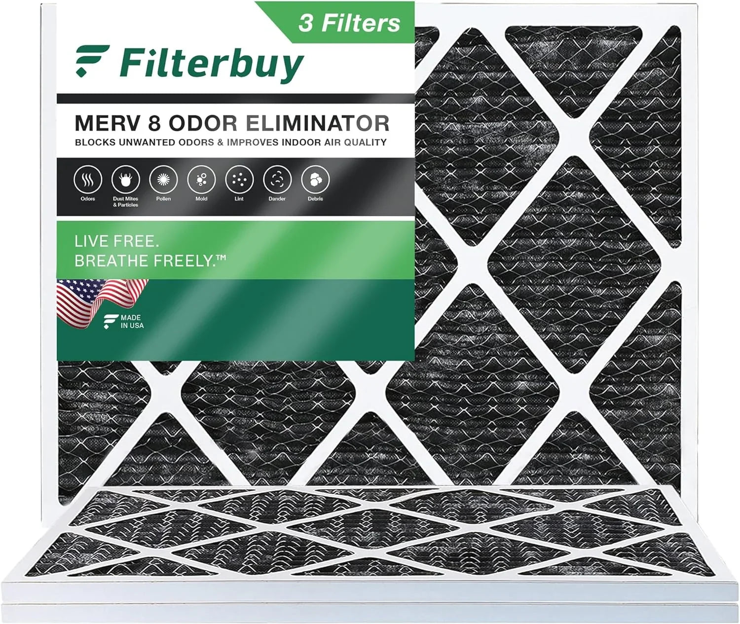 Filterbuy 14x20x1 MERV 8 Odor Eliminator Pleated HVAC AC Furnace Air Filters with Activated Carbon (3-Pack)