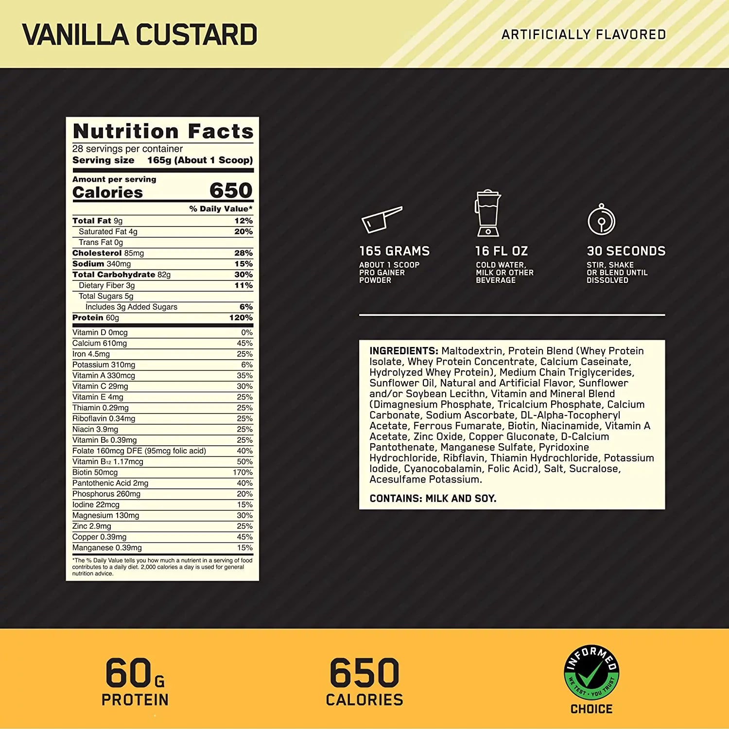 Optimum Nutrition, Gold Sizetandard Pro Gainer, Vanilla Custard, 10.19 lb, 28 Sizeervings