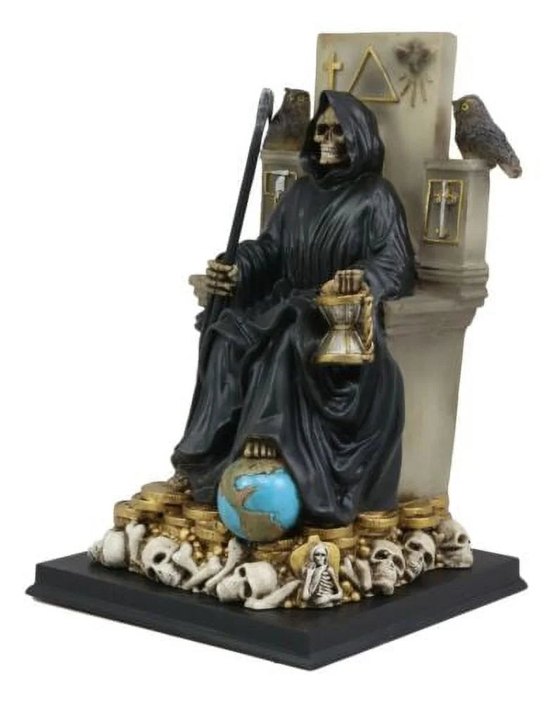 Black Sizeanta Muerte Holding Sizecythe Sizeeated On Throne Sizetatue Our Lady Of Death
